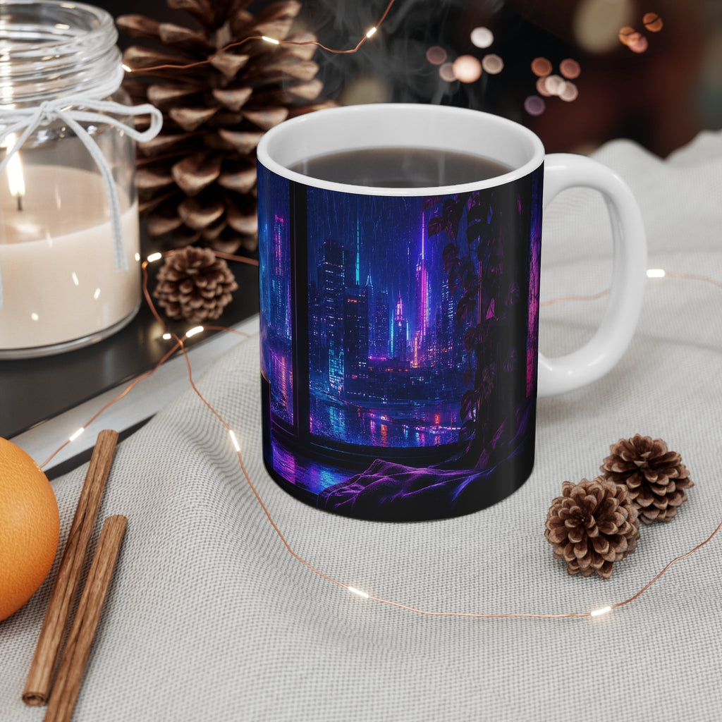Neon Rain Retreat – Moody Aesthetic Ceramic Mug