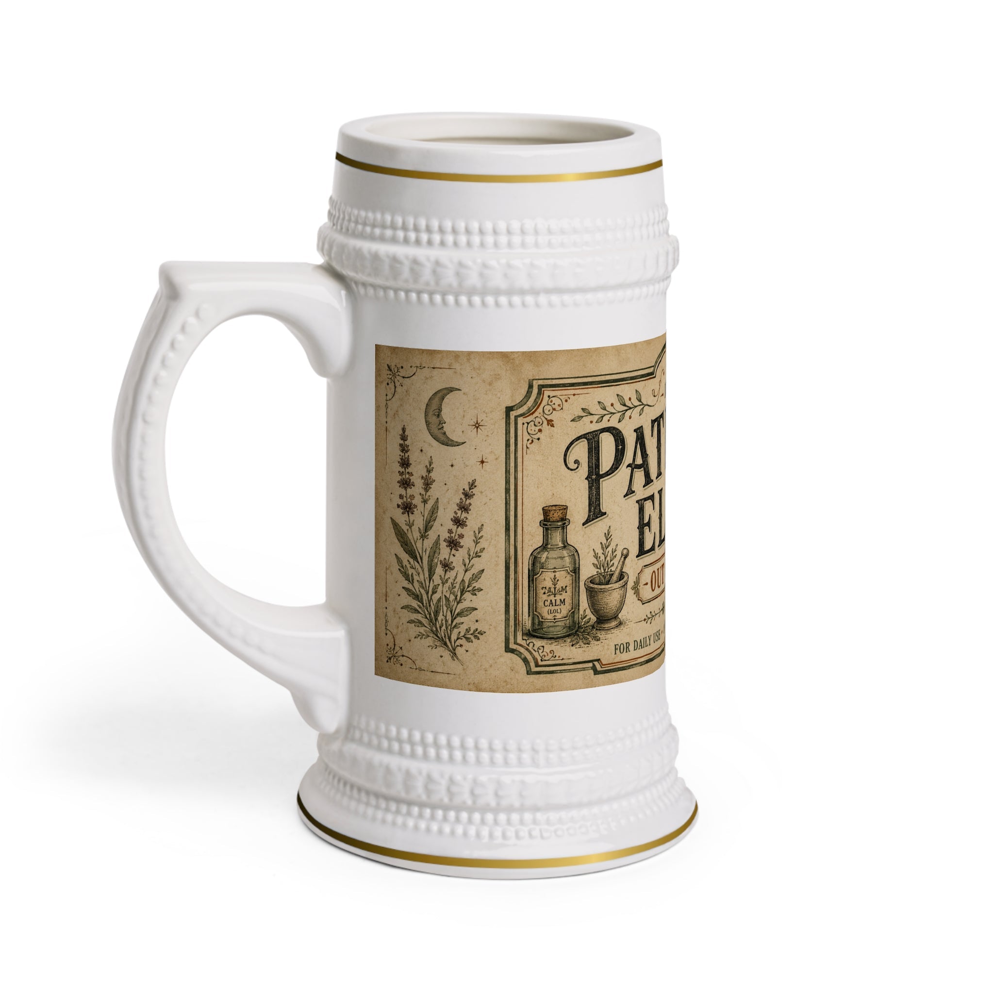 Patience Elixir Vintage Apothecary Stein Mug - 22oz Ceramic Beer Mug