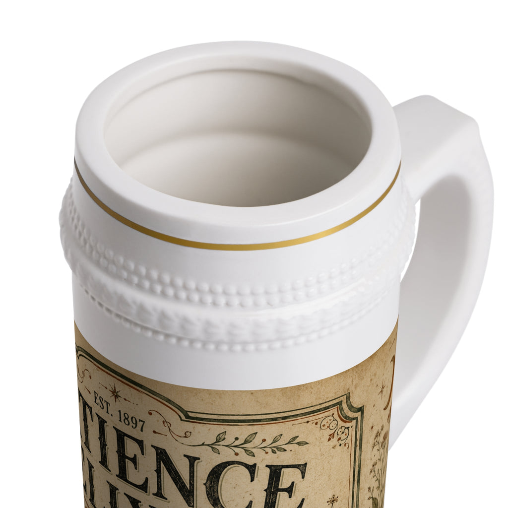 Patience Elixir Vintage Apothecary Stein Mug - 22oz Ceramic Beer Mug