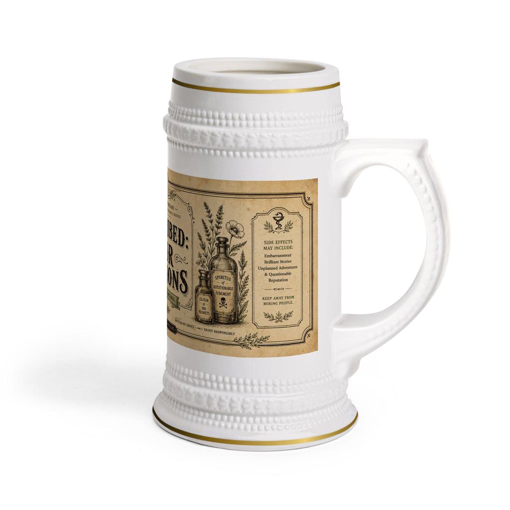 Prescribed Poor Decisions Vintage Apothecary Stein Mug - 22oz Funny Ceramic Beer Mug