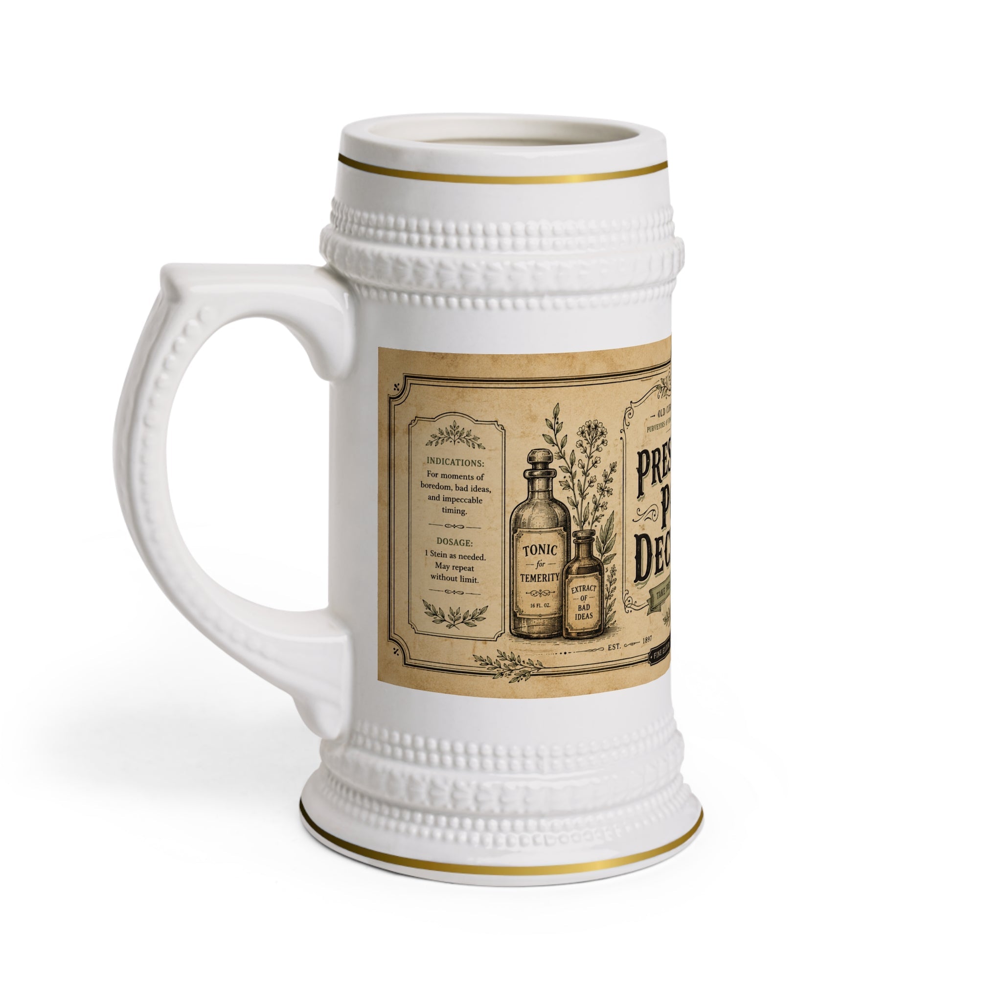 Prescribed Poor Decisions Vintage Apothecary Stein Mug - 22oz Funny Ceramic Beer Mug