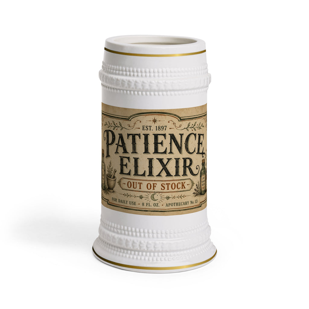 Patience Elixir Vintage Apothecary Stein Mug - 22oz Ceramic Beer Mug