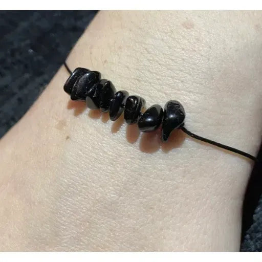 Black Tourmaline Gemstone chip Dainty Adjustable Bracelet Handmade Natural Crystals Black cord