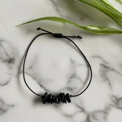Black Tourmaline Gemstone chip Dainty Adjustable Bracelet Handmade Natural Crystals Black cord