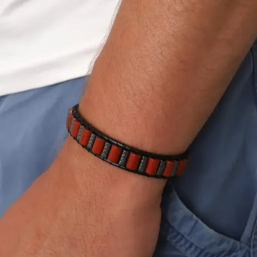 Red Jasper Bracelet for Men – Handmade Gemstone Jewelry with Hematite Accents