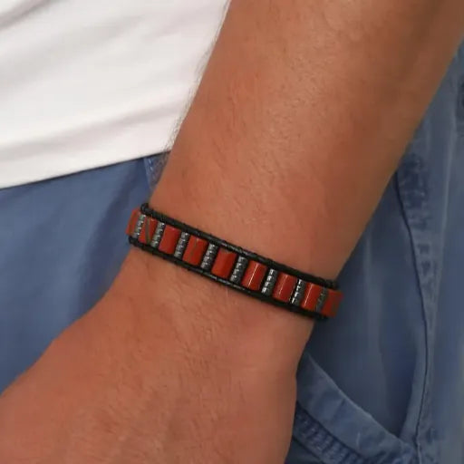 Red Jasper Bracelet for Men – Handmade Gemstone Jewelry with Hematite Accents
