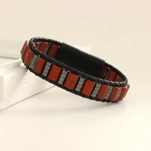 Red Jasper Bracelet for Men – Handmade Gemstone Jewelry with Hematite Accents