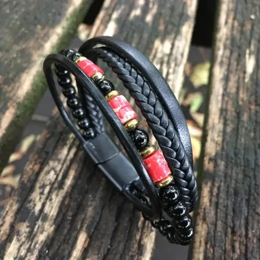 Coral Onyx Leather Bracelet for Men: Stylish Multi-Strand Jewelry
