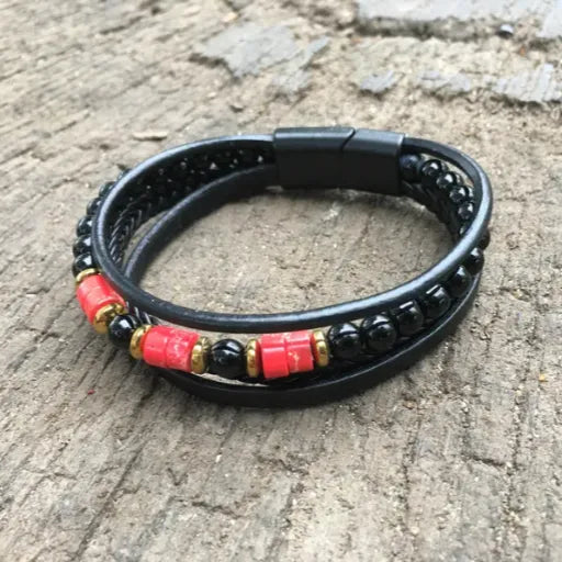 Coral Onyx Leather Bracelet for Men: Stylish Multi-Strand Jewelry