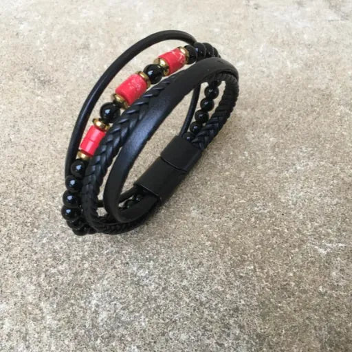 Coral Onyx Leather Bracelet for Men: Stylish Multi-Strand Jewelry
