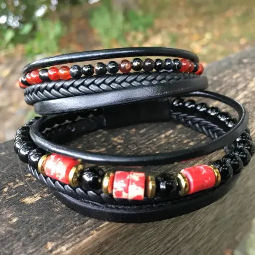 Coral Onyx Leather Bracelet for Men: Stylish Multi-Strand Jewelry