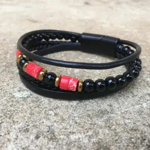 Coral Onyx Leather Bracelet for Men: Stylish Multi-Strand Jewelry
