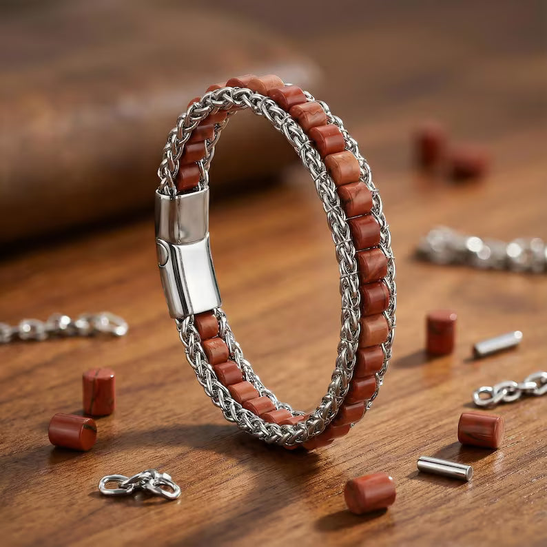 Luxury Red Jasper Bracelet, Men Healing Stone Jewelry, Stainless Steel Chain, Spiritual Protection Bracelet, Gift for Him