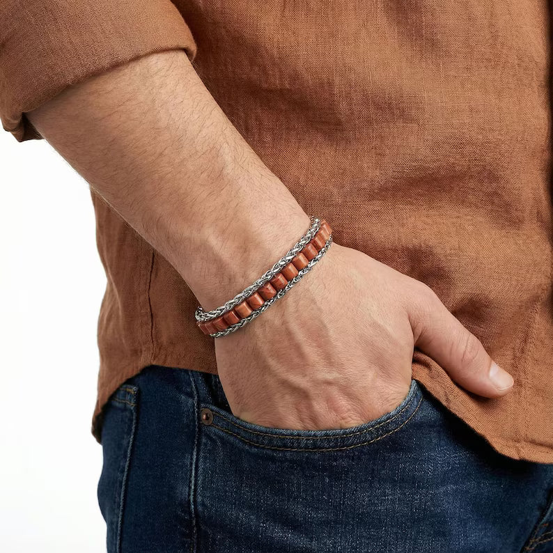 Luxury Red Jasper Bracelet, Men Healing Stone Jewelry, Stainless Steel Chain, Spiritual Protection Bracelet, Gift for Him
