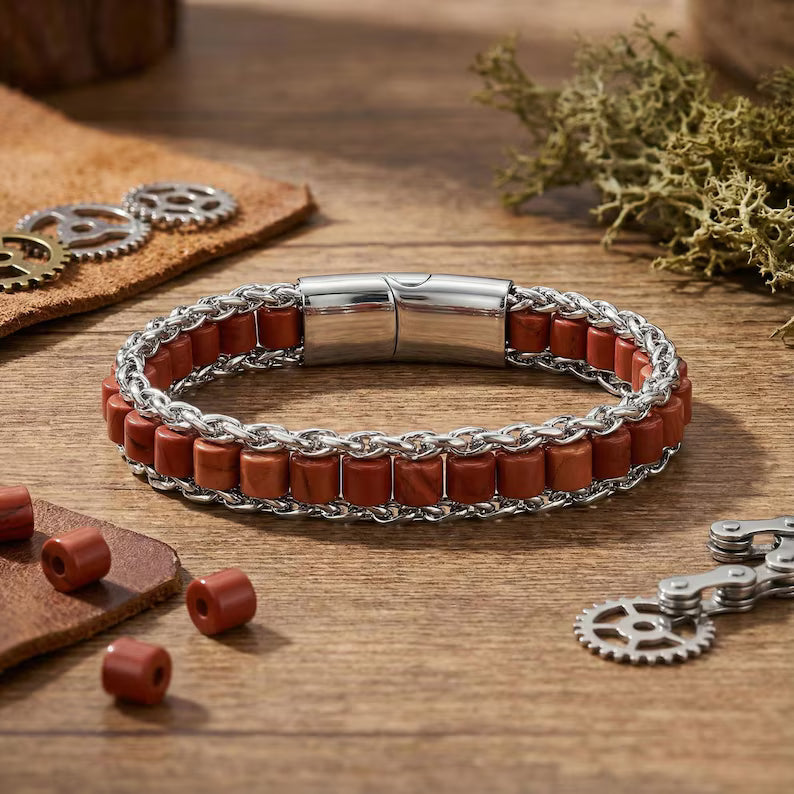 Luxury Red Jasper Bracelet, Men Healing Stone Jewelry, Stainless Steel Chain, Spiritual Protection Bracelet, Gift for Him