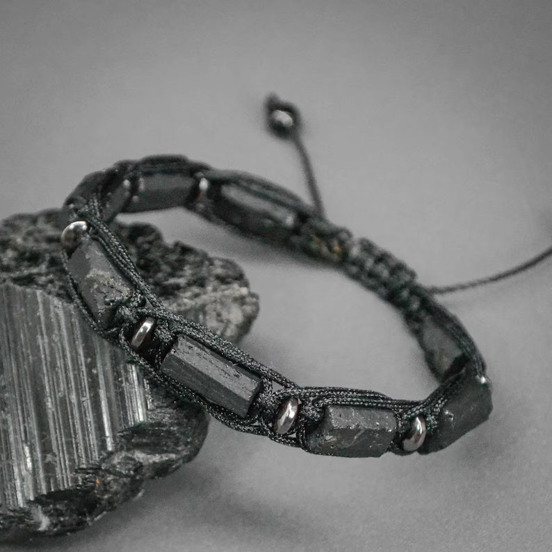 Raw black tourmaline bracelet for men and women Adjustable protection stone bracelet