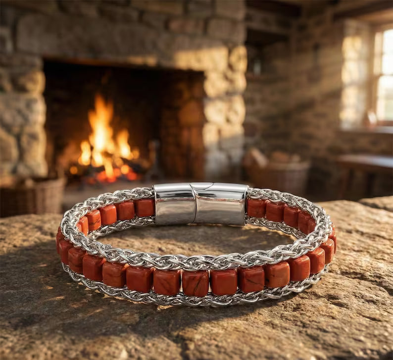 Luxury Red Jasper Bracelet, Men Healing Stone Jewelry, Stainless Steel Chain, Spiritual Protection Bracelet, Gift for Him
