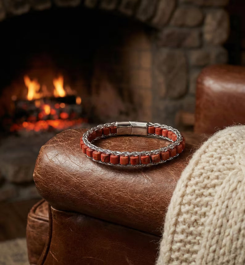 Luxury Red Jasper Bracelet, Men Healing Stone Jewelry, Stainless Steel Chain, Spiritual Protection Bracelet, Gift for Him