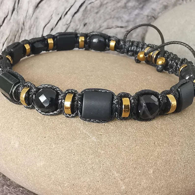 Men's Black Tourmaline, Onyx, Agate Protecting Bracelet. Grounding, Minimal. Gift for Him