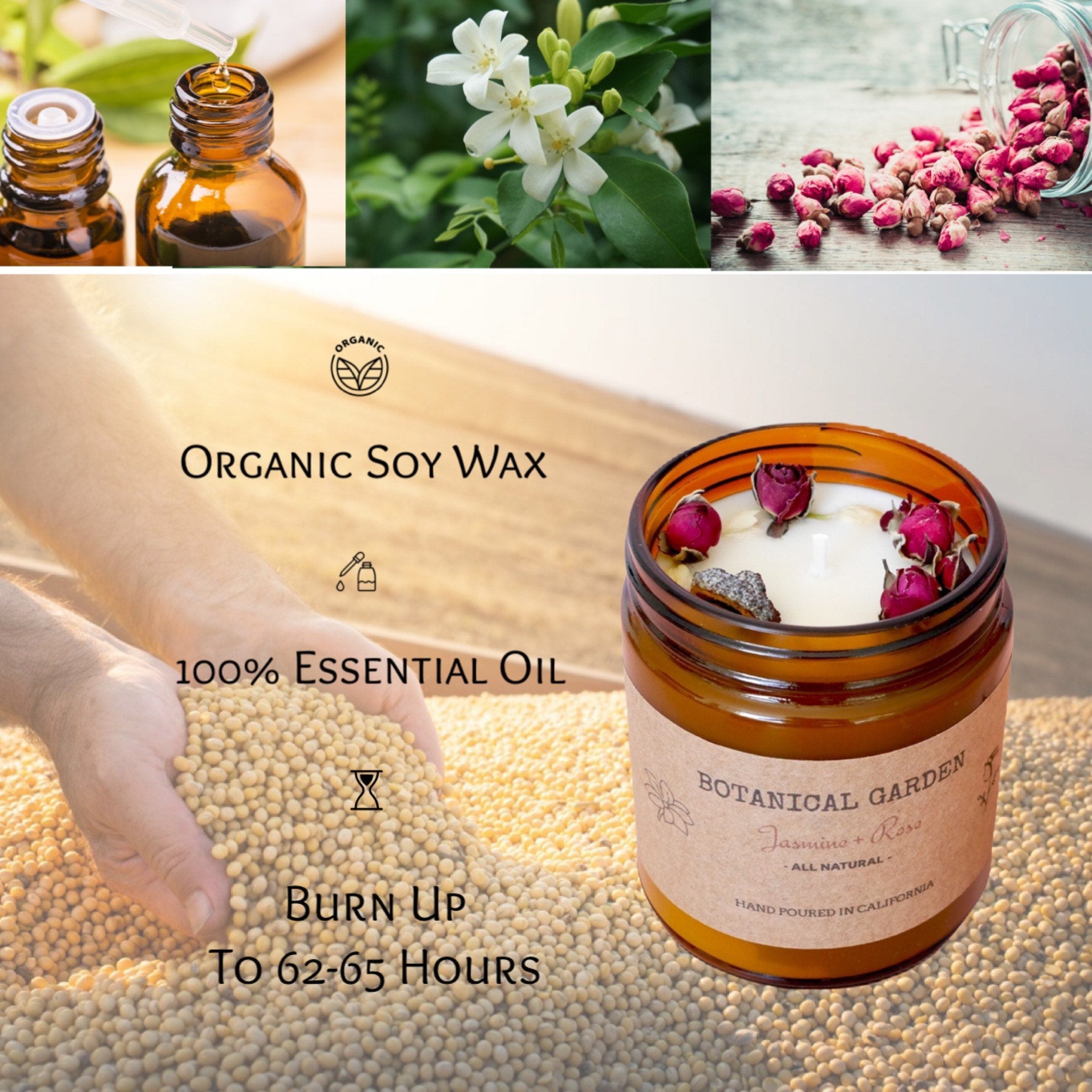 Jasmine Rose Soy Candle with Dried Flowers