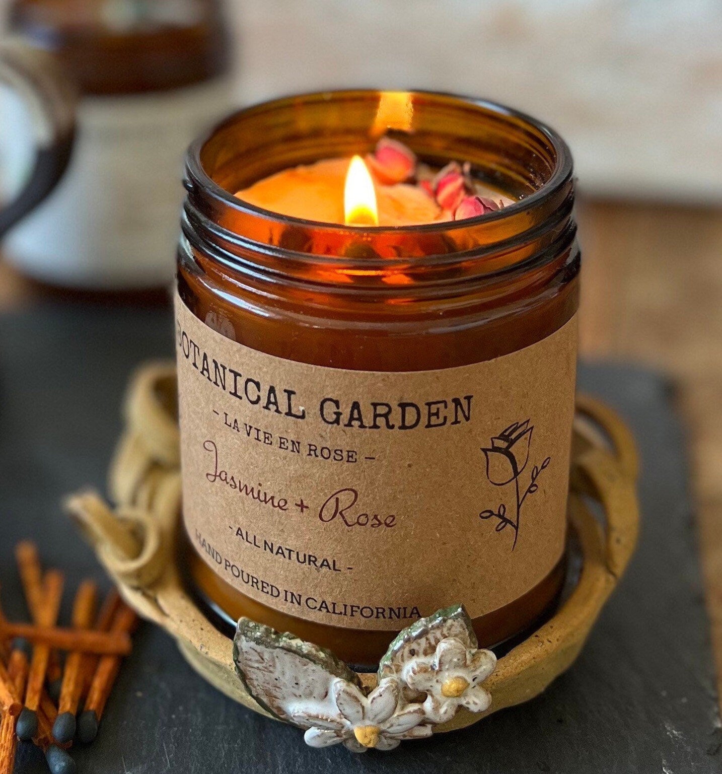 Jasmine Rose Soy Candle with Dried Flowers