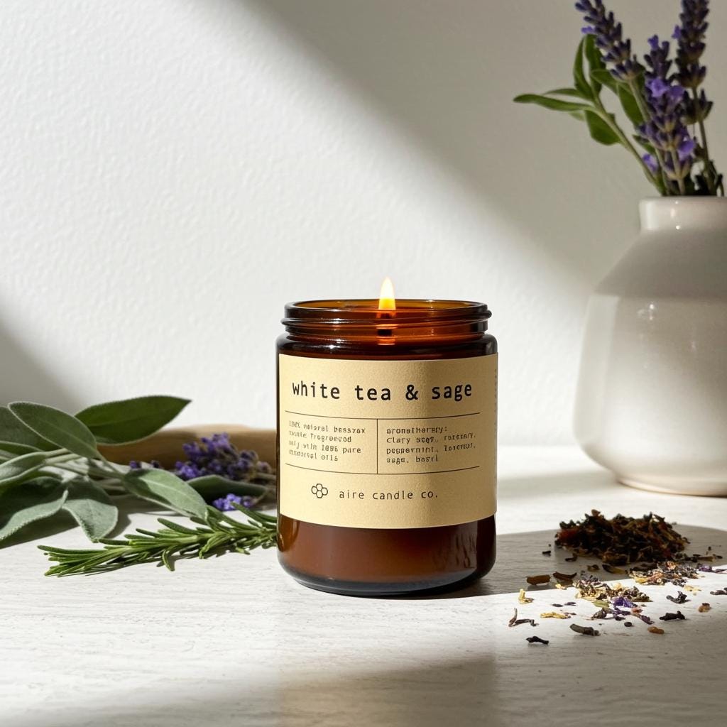 White Tea & Sage Beeswax Candle: Essential Oil Scented, Non-toxic, All Natural