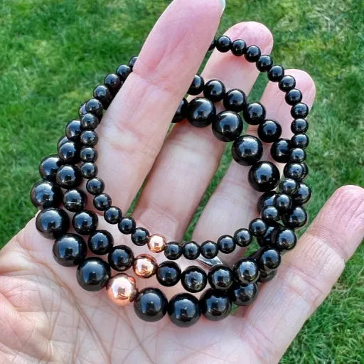 Genuine Russian Shungite + Natural Untreated Copper, Choose 4mm/6mm/8mm/10mm Beads, EMF Shield, Protection, Purifying, Stimulate Energy Flow