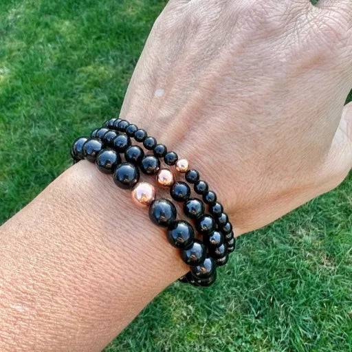 Genuine Russian Shungite + Natural Untreated Copper, Choose 4mm/6mm/8mm/10mm Beads, EMF Shield, Protection, Purifying, Stimulate Energy Flow